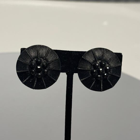 Vintage Black Fabric Clip On Earrings Women Round Beaded Statement Retro - Picture 3 of 9